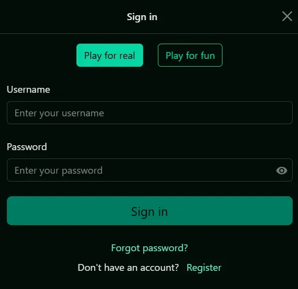 Screenshot of the Pure Casino login and registration interface on a desktop.